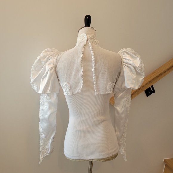 Upcycled Rave Pearl Sequins Puffy Sleeve Cardigan Corset Top Shirt Long Sleeve S - Picture 4 of 5